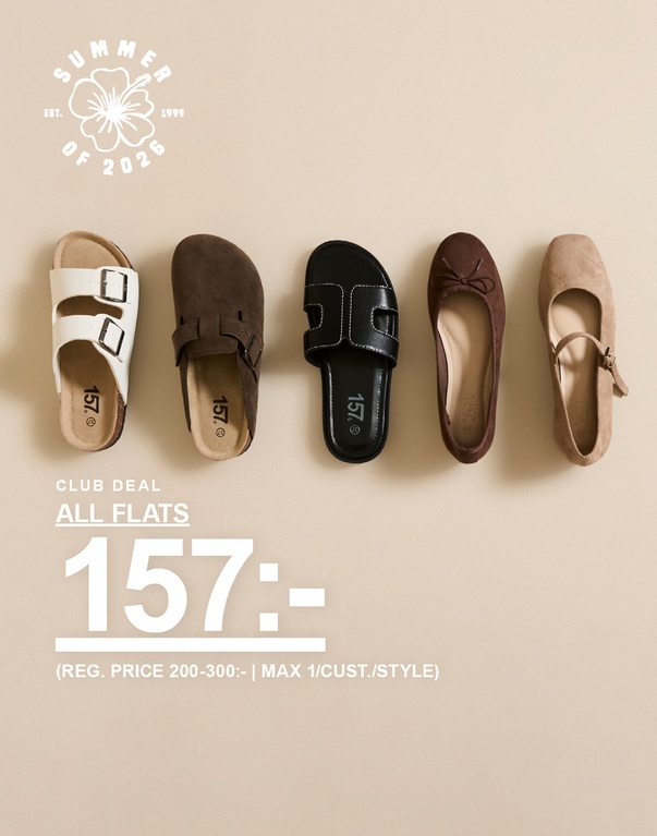 Fem olika flats (sandaler och ballerinas) i neutrala färger mot beige bakgrund. Kampanjpris 157 kr (ord. pris 200–300 kr), max 1 per kund och style