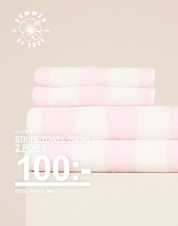 Beiga våfflade handdukar i storlek 70x140. Kampanjtext: 'CLUB DEAL, WAFFLE TOWEL 70X140, 2 FÖR 120:- (ORD. PRIS 160:-)'.