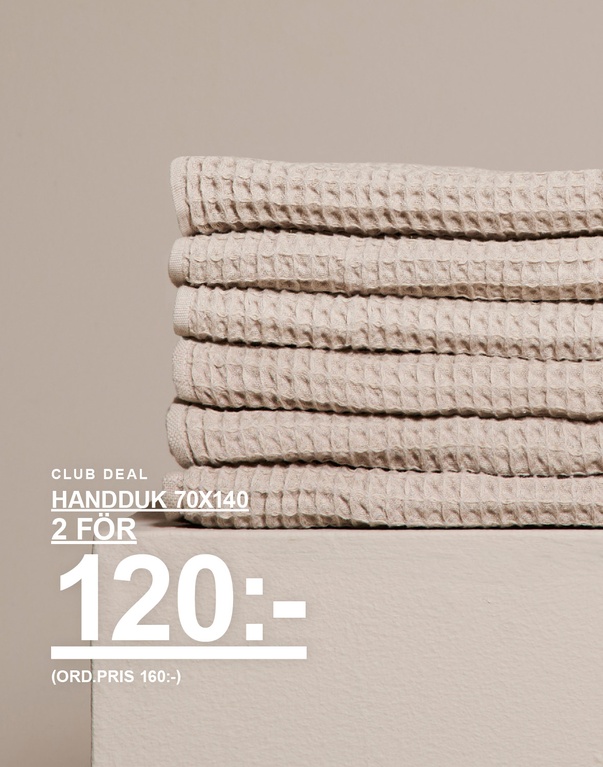 Randiga handdukar i storlek 50x70 och 70x140. Kampanjtext: "CLUB DEAL, HANDDUK 70X140, 2 FÖR 120:- (ORD. PRIS 160:-), HANDDUK 50X70, 2 FÖR 60:- (ORD. PRIS 100:-)".