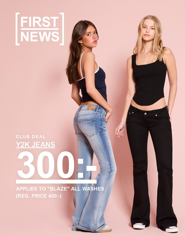 Tre modeller bär Blaze Y2K-jeans i olika tvättar. Club Deal: Blaze Y2K-jeans 300 kr. Gäller alla tvättar. Ord. pris: 400 kr.