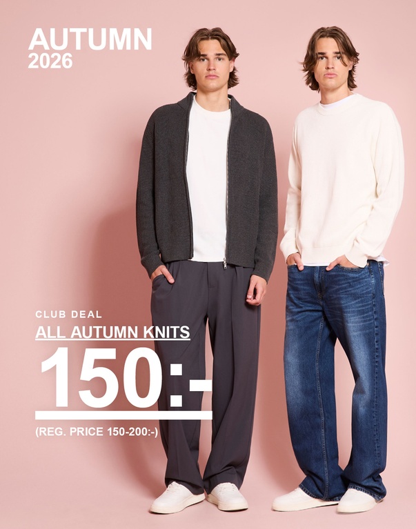 Två killar i höstlooks med stickade tröjor. Kampanjtext: "CLUB DEAL ALL AUTUMN KNITS 150:- (REG. PRICE 150-200:-)"