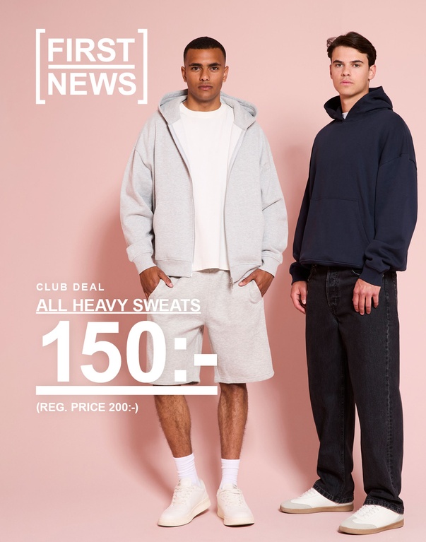Två killar i grå och mörkblå sweatlooks. Kampanjtext: "CLUB DEAL ALL HEAVY SWEATS 150:- (REG. PRICE 200:-)"