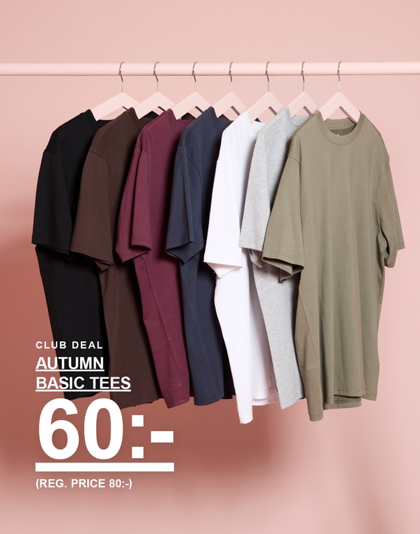Basic t-shirts i flera höstfärger. Kampanjtext: "CLUB DEAL AUTUMN BASIC TEES 60:- (REG. PRICE 80:-)"