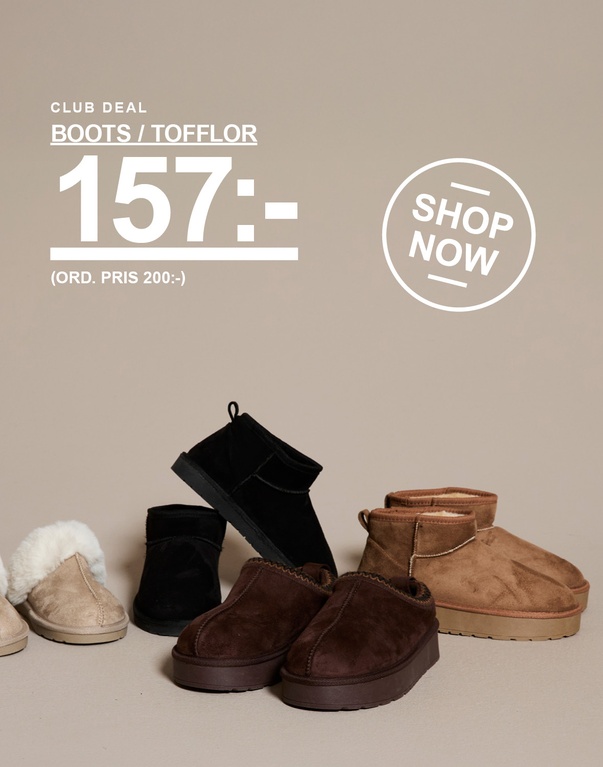 Tre par chunky boots i beige, mörkbrunt och svart med dekorativa sömmar samt ett par beige tofflor. Kampanjtext: 'CLUB DEAL, CHUNKY BOOTS 157:- (ORD. PRIS 200:-)'.