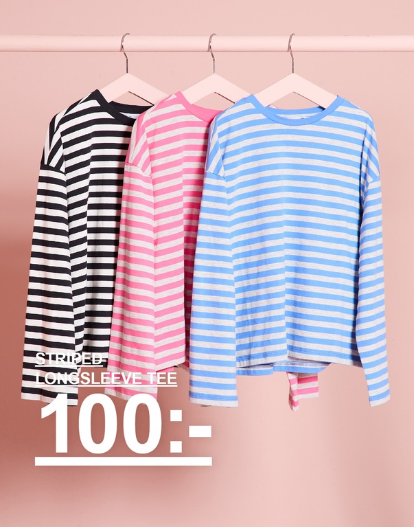 Randiga långärmade barntröjor i svart/vitt, rosa/vitt och blått/vitt. STRIPED LONGSLEEVE TEE 100:-.