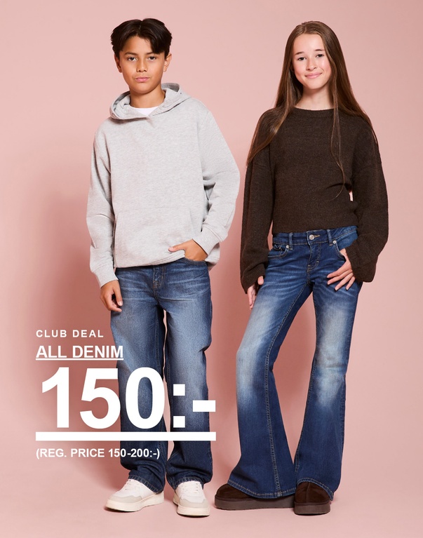 Kille och tjej i jeans. CLUB DEAL – ALL DENIM 150:- (ord. pris 150–200:-).