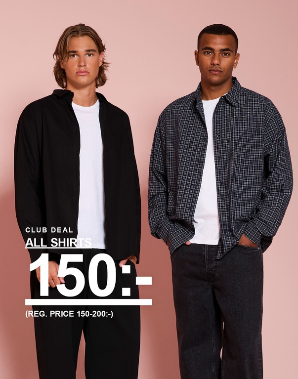 Två killar i svarta och rutiga skjortor. Kampanjtext: “CLUB DEAL ALL SHIRTS 150:- (REG. PRICE 150-200:-)”.