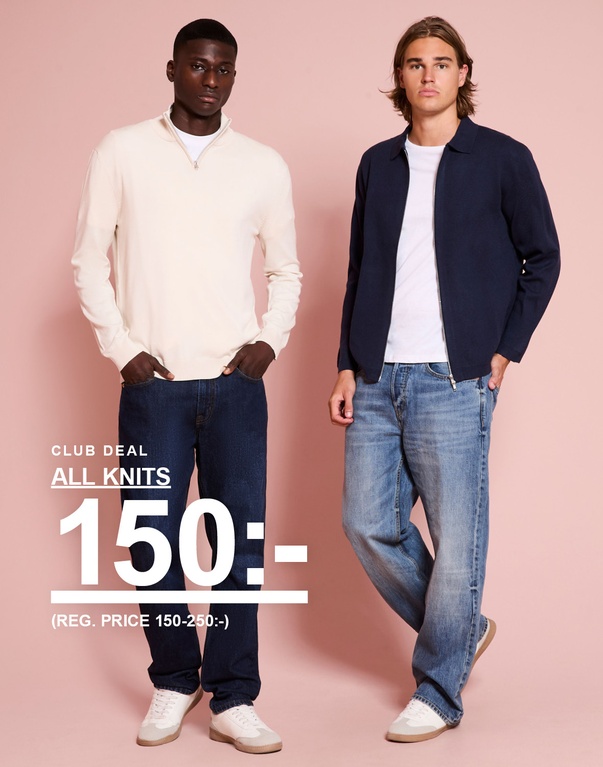 Två killar i stickade tröjor och jeans. Kampanjtext: "CLUB DEAL ALL KNITS 150:- (REG. PRICE 150-250:-)".