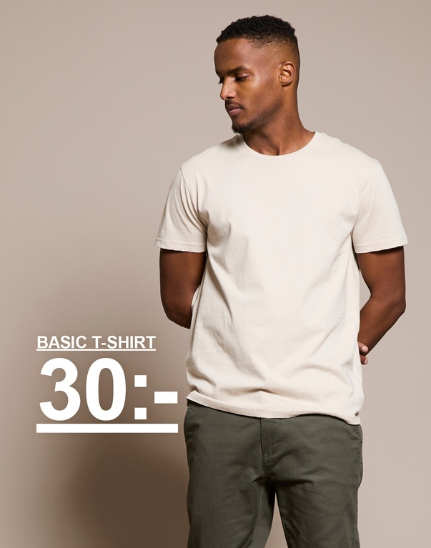 Man bär en ljusbeige t-shirt och gröna chinos. Text: “Basic T-shirt 30 kr”.
