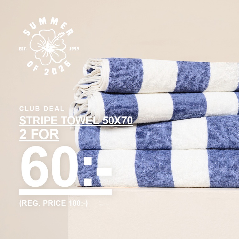 Randiga handdukar i storlek 70x140. Kampanjtext: "CLUB DEAL, HANDDUK 70X140, 2 FÖR 120:- (ORD. PRIS 160:-)".