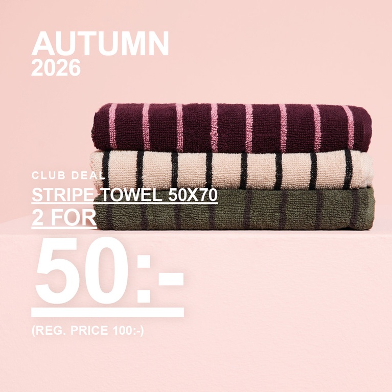 Randiga handdukar i storlek 70x140. Kampanjtext: "CLUB DEAL, HANDDUK 70X140, 2 FÖR 120:- (ORD. PRIS 160:-)".