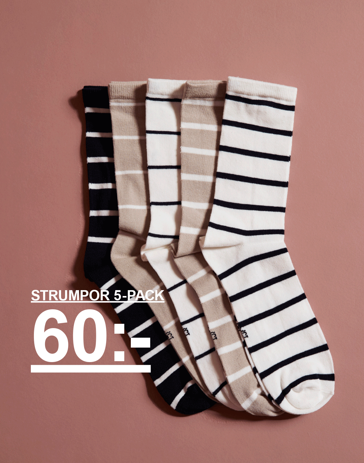 Strumpor i olika utföranden. Text: "Strumpor 5-pack 60:-"