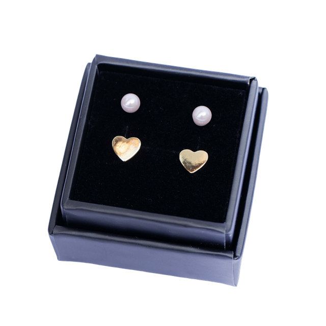 Øredobber i sett, 2 par, perle og hjerte