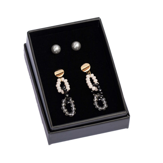 Øredobber i sett, 2 par, perle og glasskrystall