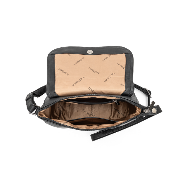 Veske med klaff i skinn