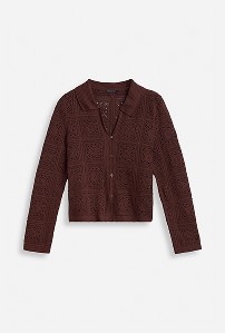 Brun strikket langærmet cardigan med knapper og skjortekrave fra Stockh lm Studio hos MQ.