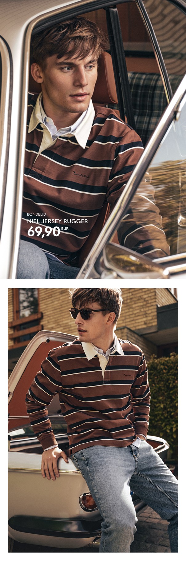 Miesten vaatteet Dobberilta. Raidallinen rugbypaita syksyn väreissä.