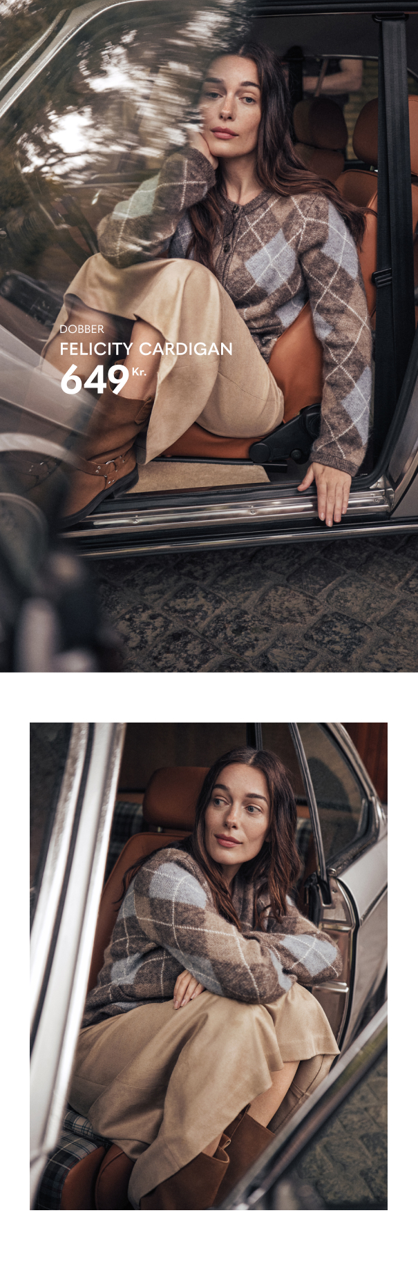 En strikket cardigan til dame fra mærket Dobber, i brune og blå nuancer