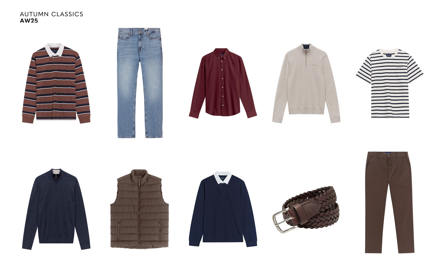 Efterårstøj til herre. Inspiration med Jeans, skjorte, vest og striktrøje.