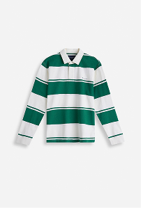 Langærmet polotrøje til herre med brede hvid grønne striber.