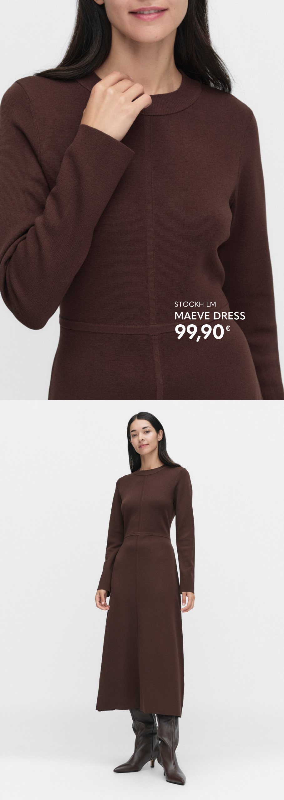 Ruskea pitkä neulemekko, jossa on pitkät hihat ja istuva vyötärö.