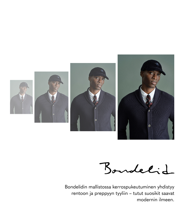 Joulukampanja miesten vaatteille Bondelid-brändiltä. Mies neulevillatakissa, paidassa ja solmiossa. Mies käyttää lippalakkia.