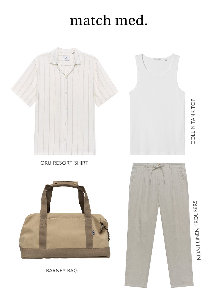 Kollage med herretøj til sommer 2025. Badeshorts, T-shirt, kortærmet skjorte, tanktop og hørbukser.