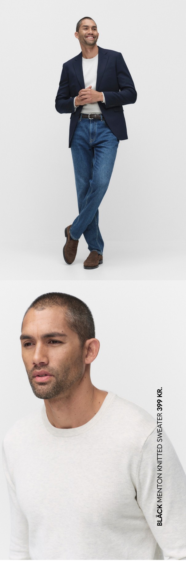 Herretøj fra Bläck. Hvid langærmet trøje og et sæt med mørkeblå blazer og jeans.