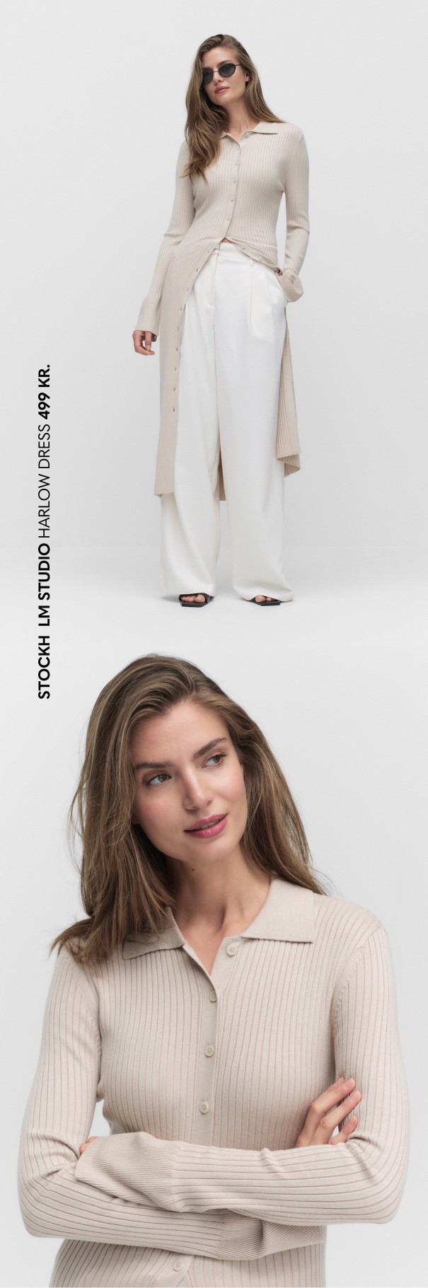 Et sæt med et par hvide pæne bukser og en lang sandfarvet kjole med lange ærmer. Fra mærket Stockh lm.