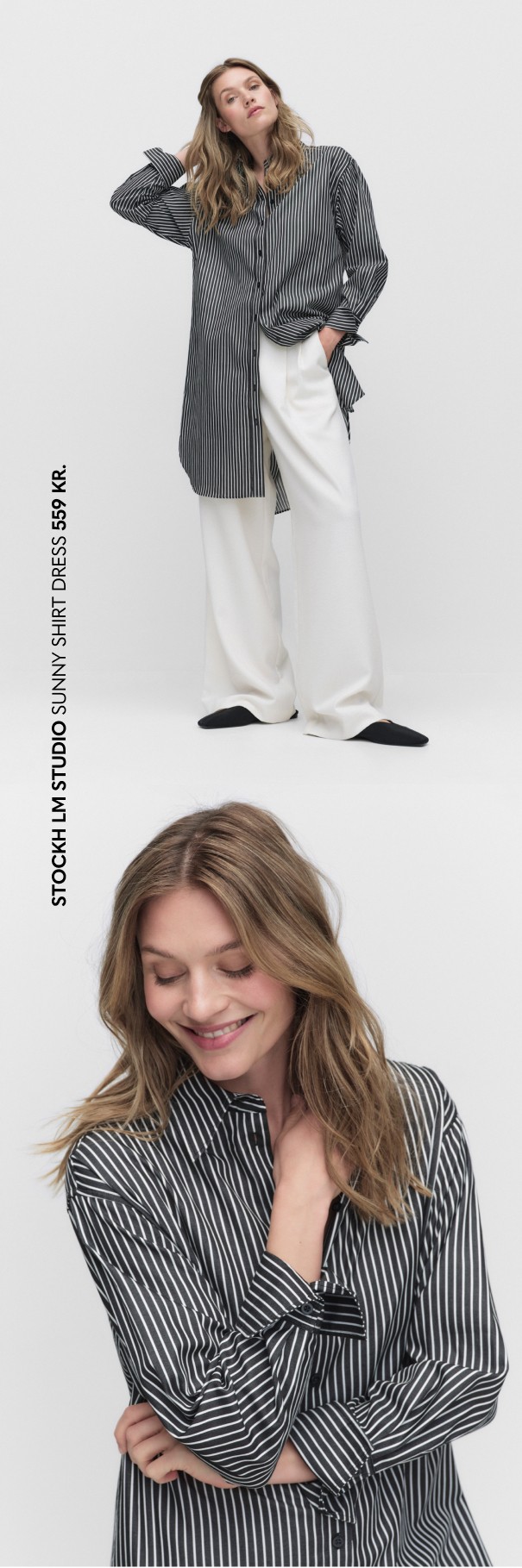 Sort skjortekjole med hvide striber og langeærmer. Fin til sensommerdage.