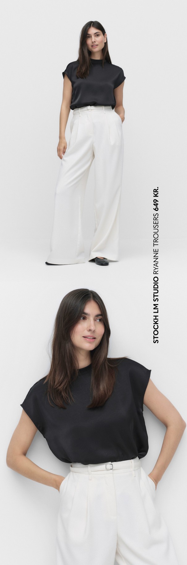 Et fint sæt med en sort kortærmet bluse og et par hvide bukser til dame.