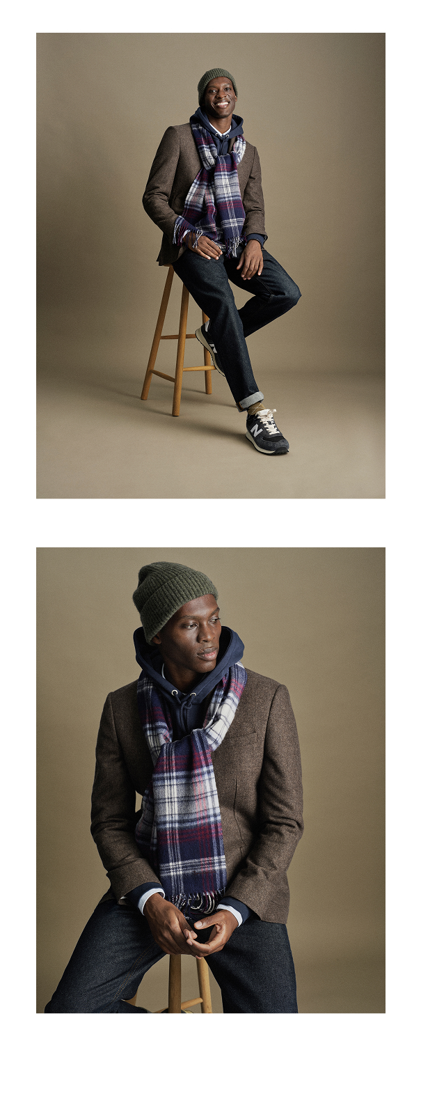 Joulukampanja brändiltä Bondelid. Mies istuu jakkaralla ja on pukeutunut takkiin ja farkkuihin. Hänellä on kaulahuivi ja pipo.