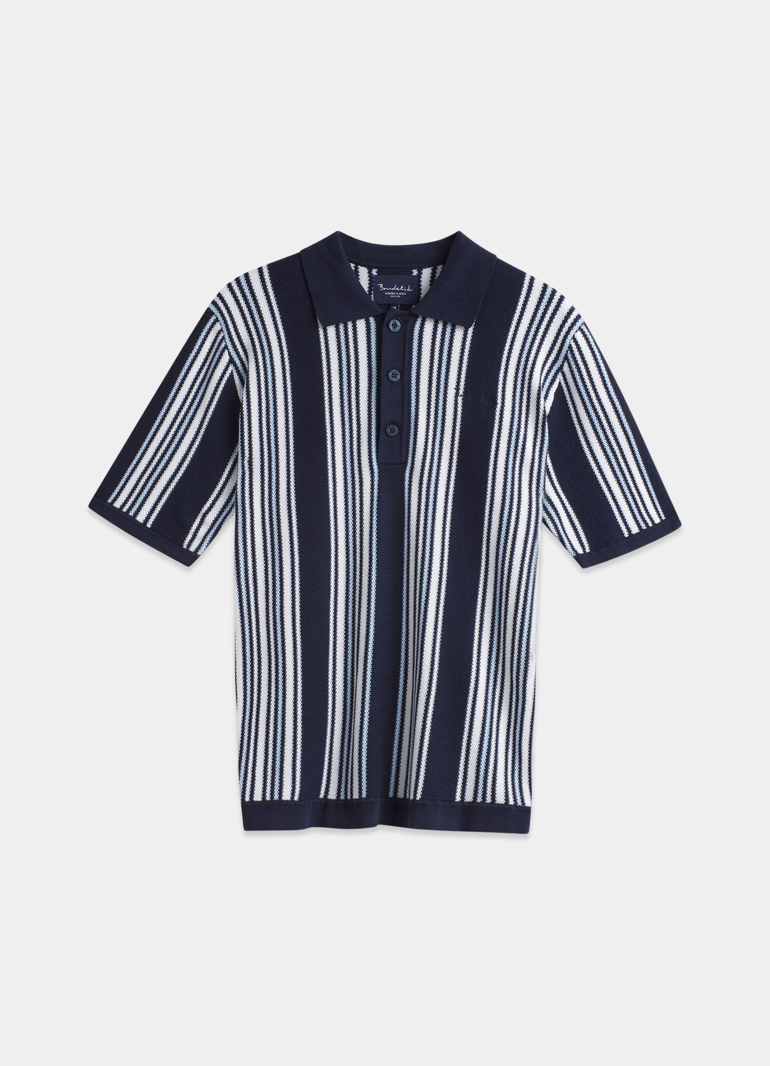 Valko- ja siniraitainen miesten neulottu pikeepaita MQ:lta.