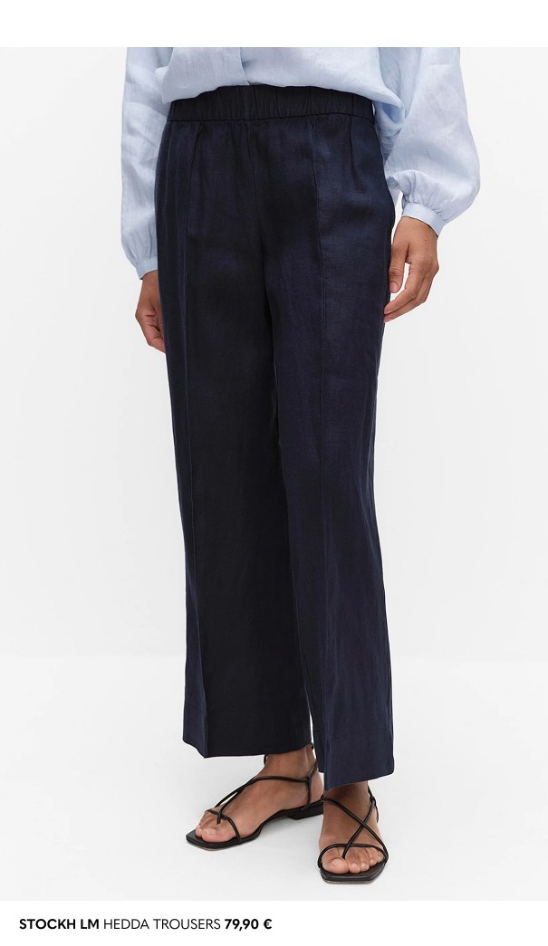 Siniset naisten pellavahousut merkiltä Stockholm Studio MQ Marqet:lta.