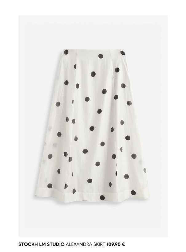 Valkoinen midihame mustilla pilkuilla MQ Marqet:lta.