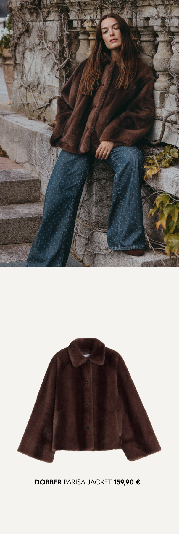 Pehmeä ruskea takki tekoturkista.