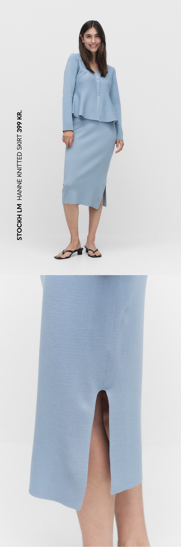 Et sæt med en lyseblå nederdel og en lyseblå cardigan i fin strikket materiale.