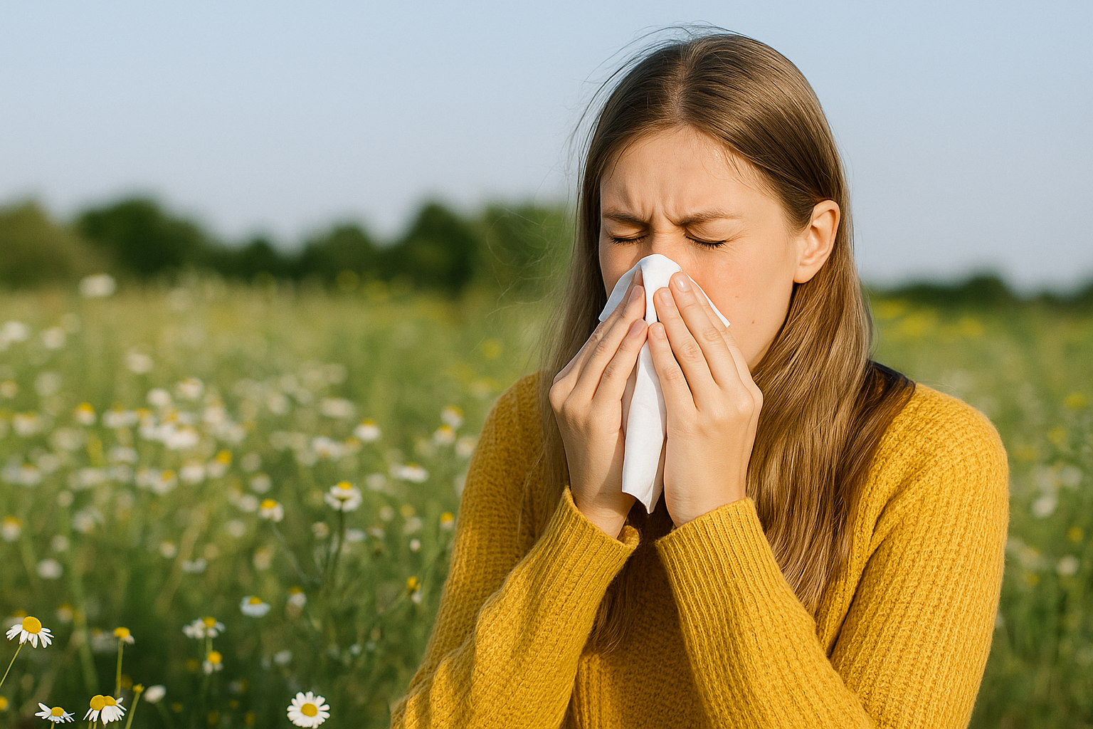 Kvinne med allergi ute i naturen