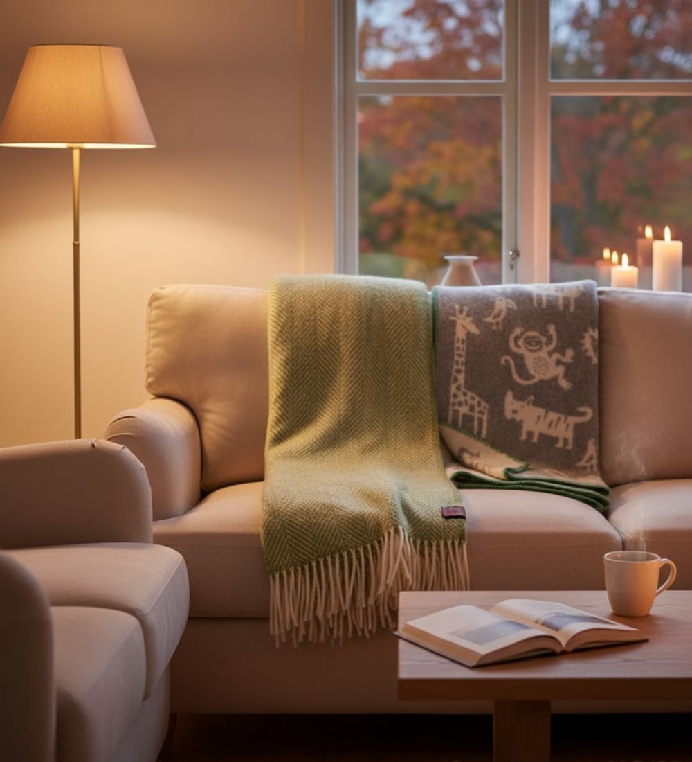 Ett mysigt vardagsrum med två klippanfiltar liggandes i en soffa