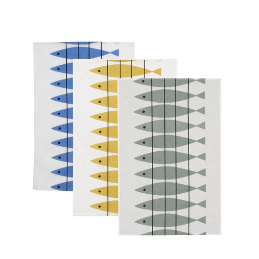 Kökshandduk Sill 3-pack. Blå, gröngrå och ockra