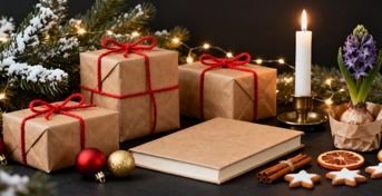 3 mindre julklappar med en bok och ett tänt ljus