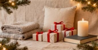 4 små paket med röda band med en grå kudde, två filtar och ett tänt ljus