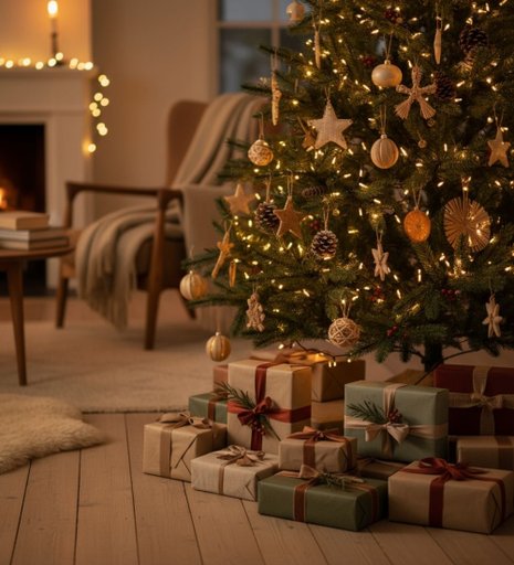 Massor av paket under en julgran i ett minimalistiskt vardagsrum