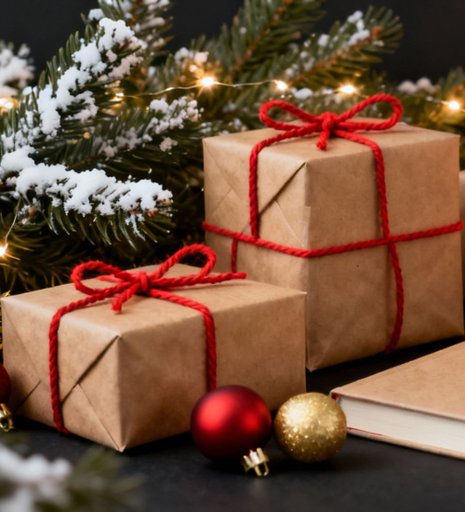 Tre paket i brunt omslagspapper liggandes på ett bord med massor utav julpynt