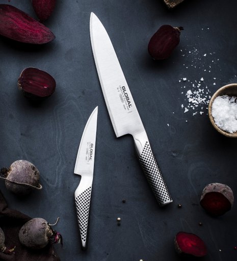 Ett knivset med rostfria knivar från Global