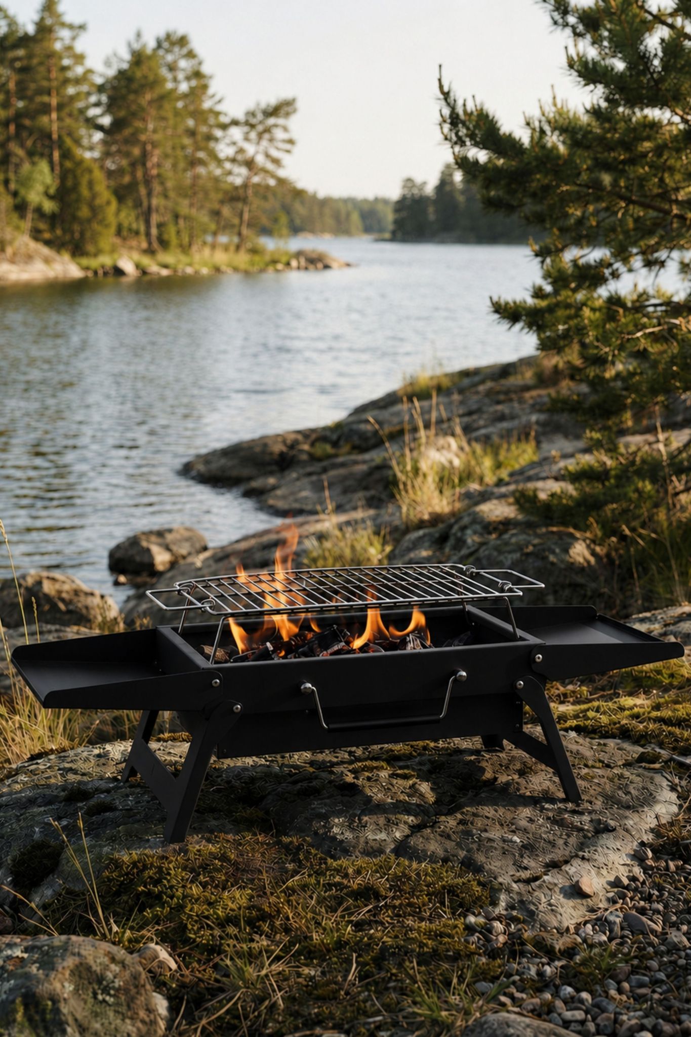 En bärbar grill på en klippa ute i skärgården