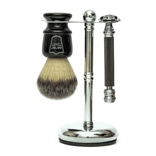 Parker Shaving 3 piece Shave Set Black brush-76R-Chrome Stand