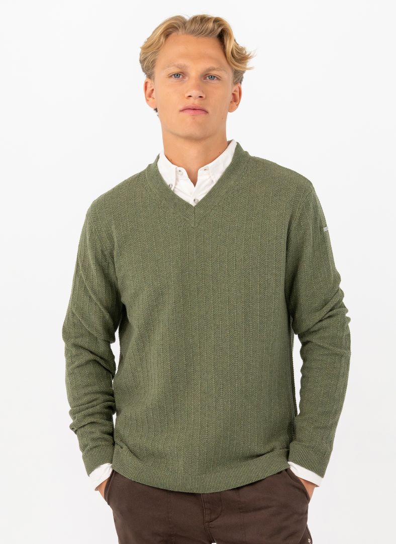Tiller Herringbone V-neck Kombu Green Mélange