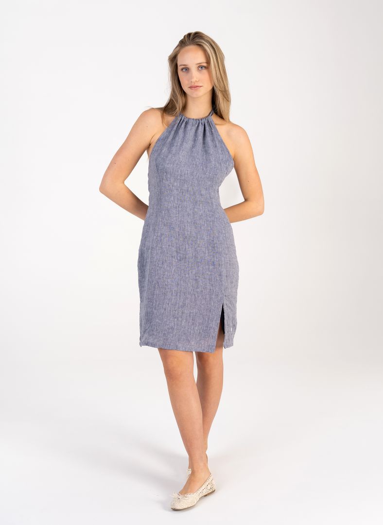 W Linen Halterneck Dress Dk Navy Melange