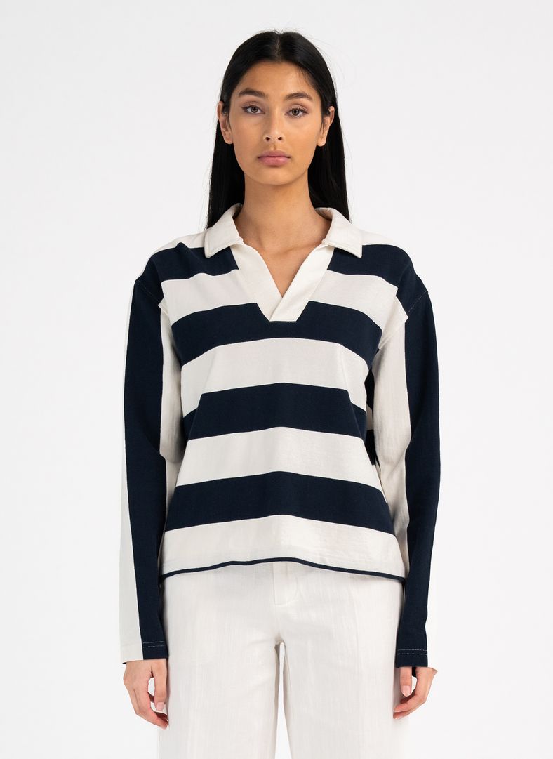 W Navigo LS Polo Dk Navy Stripe